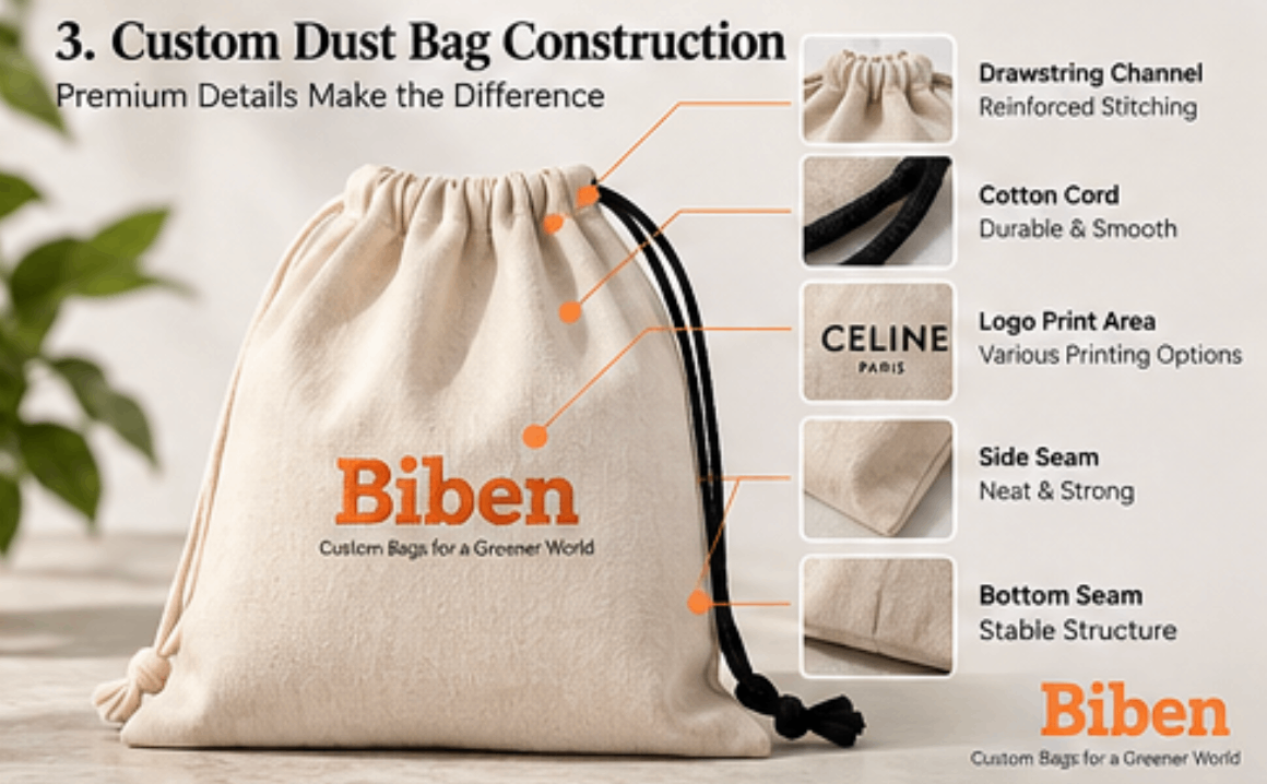 Custom cotton dust bag construction with drawstring seams and logo placement